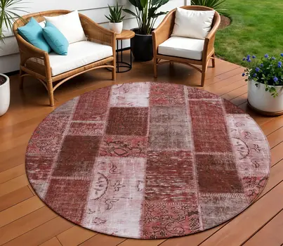 8' Burgundy Merlot And Blush Round Patchwork Washable Indoor Outdoor Area Rug
