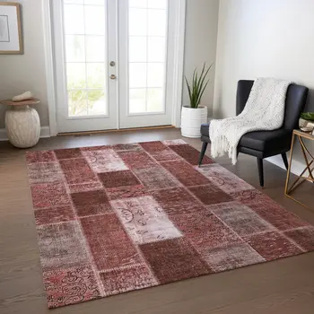 8' X 10' Burgundy Merlot And Blush Patchwork Washable Indoor Outdoor Area Rug