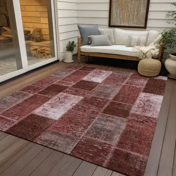 9' X 12' Burgundy Merlot And Blush Patchwork Washable Indoor Outdoor Area Rug