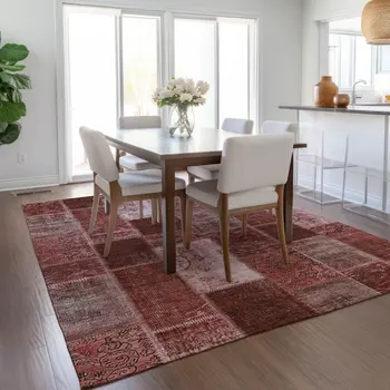 9' X 12' Burgundy Merlot And Blush Patchwork Washable Indoor Outdoor Area Rug