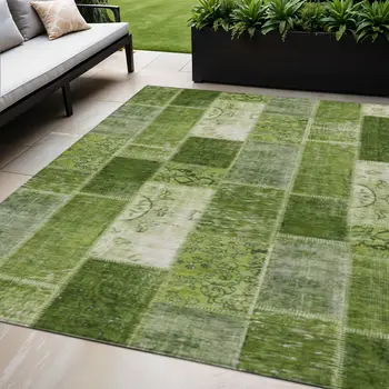 5' X 8' Olive Green And Artichoke Green Patchwork Washable Indoor Outdoor Area Rug
