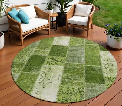8' Olive Green And Artichoke Green Round Patchwork Washable Indoor Outdoor Area Rug