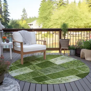 8' Olive Green And Artichoke Green Round Patchwork Washable Indoor Outdoor Area Rug