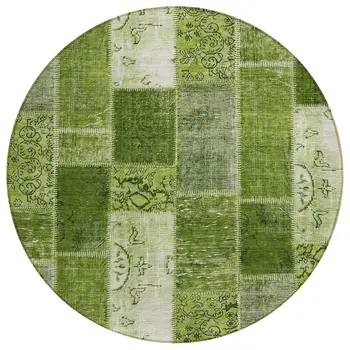 8' Olive Green And Artichoke Green Round Patchwork Washable Indoor Outdoor Area Rug