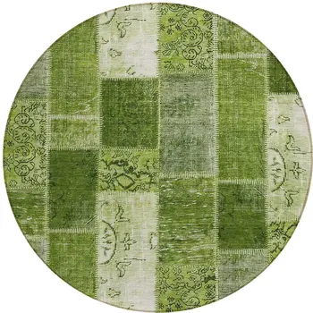 8' Olive Green And Artichoke Green Round Patchwork Washable Indoor Outdoor Area Rug