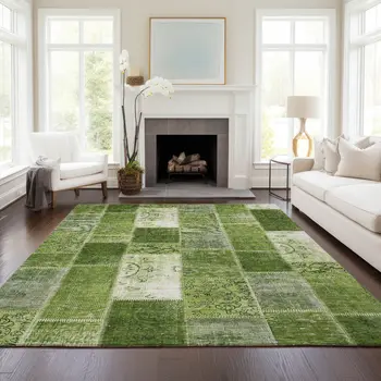 10' X 14' Olive Green And Artichoke Green Patchwork Washable Indoor Outdoor Area Rug