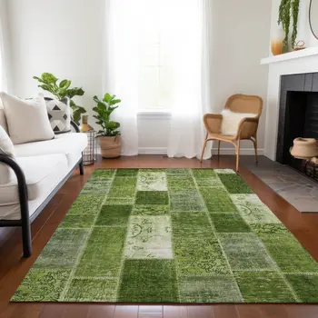 10' X 14' Olive Green And Artichoke Green Patchwork Washable Indoor Outdoor Area Rug