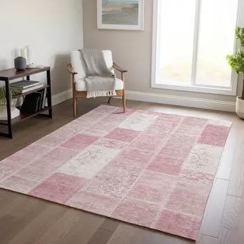 9' X 12' Pink Blush And Ivory Patchwork Washable Indoor Outdoor Area Rug