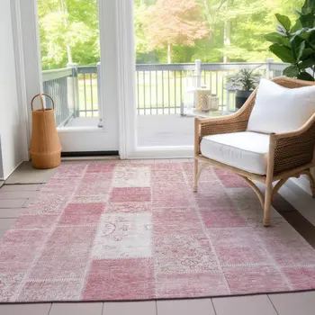 9' X 12' Pink Blush And Ivory Patchwork Washable Indoor Outdoor Area Rug