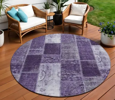 8' Purple Eggplant And Lavender Round Patchwork Washable Indoor Outdoor Area Rug