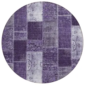 8' Purple Eggplant And Lavender Round Patchwork Washable Indoor Outdoor Area Rug