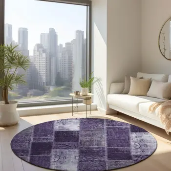 8' Purple Eggplant And Lavender Round Patchwork Washable Indoor Outdoor Area Rug