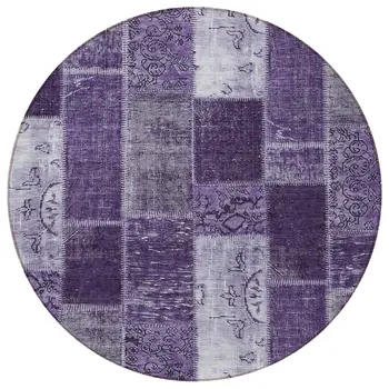 8' Purple Eggplant And Lavender Round Patchwork Washable Indoor Outdoor Area Rug