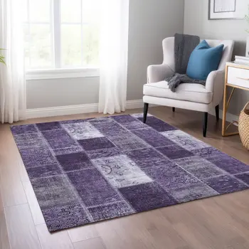 9' X 12' Purple Eggplant And Lavender Patchwork Washable Indoor Outdoor Area Rug