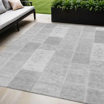 5' X 8' Silver Gray And Graphite Patchwork Washable Indoor Outdoor Area Rug