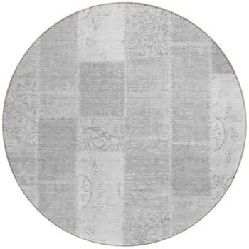8' Silver Gray And Graphite Round Patchwork Washable Indoor Outdoor Area Rug