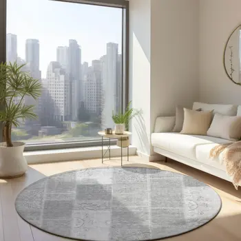 8' Silver Gray And Graphite Round Patchwork Washable Indoor Outdoor Area Rug