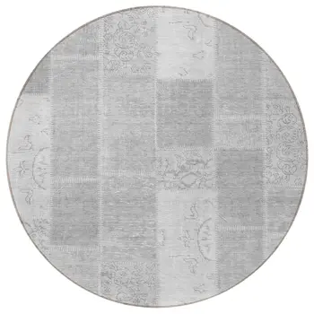 8' Silver Gray And Graphite Round Patchwork Washable Indoor Outdoor Area Rug