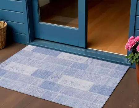 3' X 5' Sky Blue And Denim Blue Patchwork Washable Indoor Outdoor Area Rug