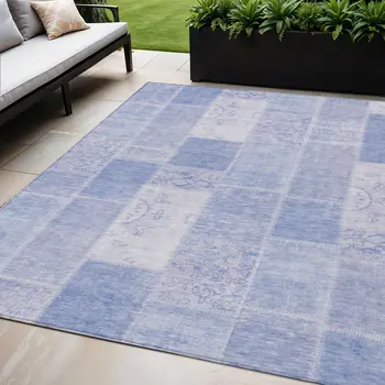5' X 8' Sky Blue And Denim Blue Patchwork Washable Indoor Outdoor Area Rug