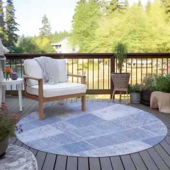 8' Sky Blue And Denim Blue Round Patchwork Washable Indoor Outdoor Area Rug