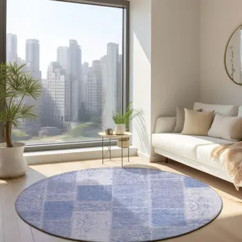 8' Sky Blue And Denim Blue Round Patchwork Washable Indoor Outdoor Area Rug