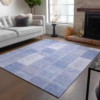 9' X 12' Sky Blue And Denim Blue Patchwork Washable Indoor Outdoor Area Rug