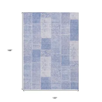 10' X 14' Sky Blue And Denim Blue Patchwork Washable Indoor Outdoor Area Rug