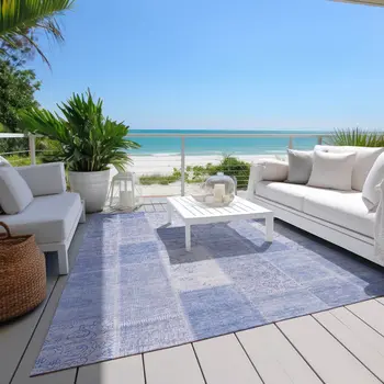 10' X 14' Sky Blue And Denim Blue Patchwork Washable Indoor Outdoor Area Rug