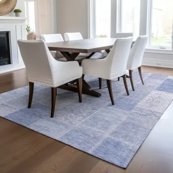 10' X 14' Sky Blue And Denim Blue Patchwork Washable Indoor Outdoor Area Rug