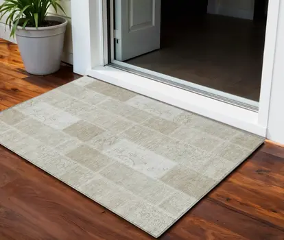 3' X 5' Taupe Beige And Tan Patchwork Washable Indoor Outdoor Area Rug