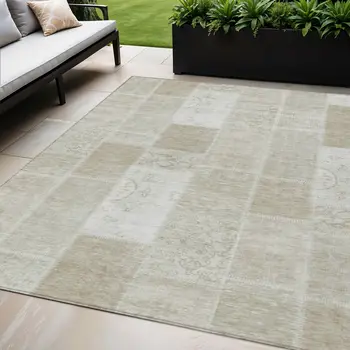 5' X 8' Taupe Beige And Tan Patchwork Washable Indoor Outdoor Area Rug