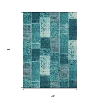 3' X 5' Teal Blue Aqua And Turquoise Patchwork Washable Indoor Outdoor Area Rug