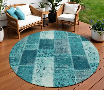 8' Teal Blue Aqua And Turquoise Round Patchwork Washable Indoor Outdoor Area Rug