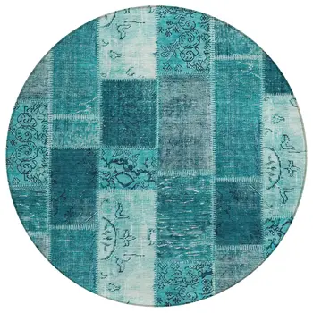 8' Teal Blue Aqua And Turquoise Round Patchwork Washable Indoor Outdoor Area Rug