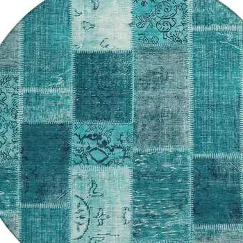 8' Teal Blue Aqua And Turquoise Round Patchwork Washable Indoor Outdoor Area Rug