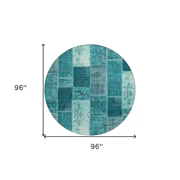 8' Teal Blue Aqua And Turquoise Round Patchwork Washable Indoor Outdoor Area Rug