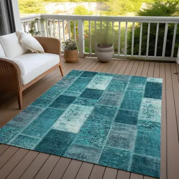 8' X 10' Teal Blue Aqua And Turquoise Patchwork Washable Indoor Outdoor Area Rug