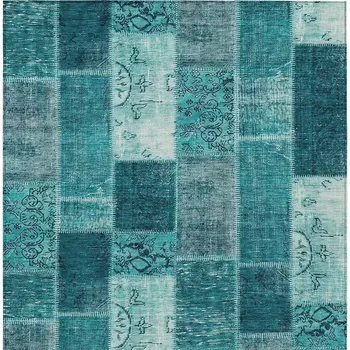 9' X 12' Teal Blue Aqua And Turquoise Patchwork Washable Indoor Outdoor Area Rug