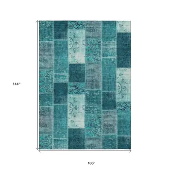9' X 12' Teal Blue Aqua And Turquoise Patchwork Washable Indoor Outdoor Area Rug