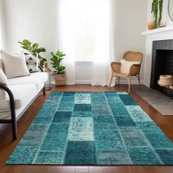 9' X 12' Teal Blue Aqua And Turquoise Patchwork Washable Indoor Outdoor Area Rug