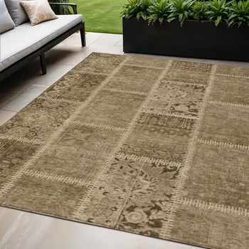 5' X 8' Brown And Beige Patchwork Washable Indoor Outdoor Area Rug