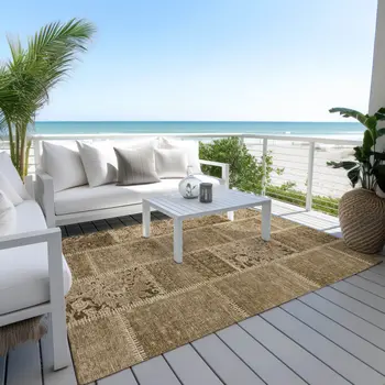 5' X 8' Brown And Beige Patchwork Washable Indoor Outdoor Area Rug