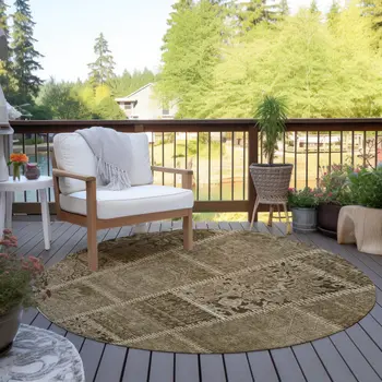 8' Brown And Beige Round Patchwork Washable Indoor Outdoor Area Rug