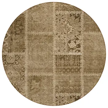 8' Brown And Beige Round Patchwork Washable Indoor Outdoor Area Rug