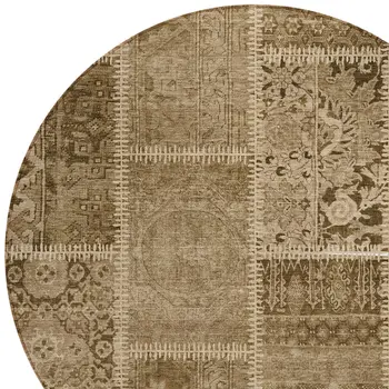 8' Brown And Beige Round Patchwork Washable Indoor Outdoor Area Rug