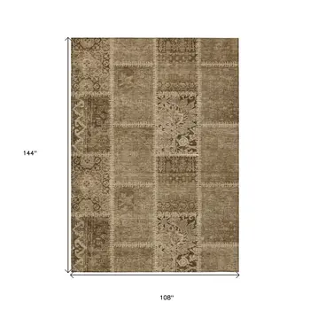 9' X 12' Brown And Beige Patchwork Washable Indoor Outdoor Area Rug