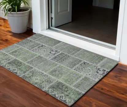 3' X 5' Green And Charcoal Patchwork Washable Indoor Outdoor Area Rug
