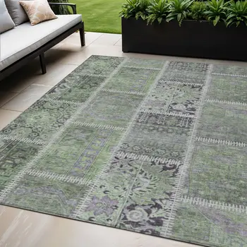 5' X 8' Green And Charcoal Patchwork Washable Indoor Outdoor Area Rug