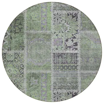 8' Green And Charcoal Round Patchwork Washable Indoor Outdoor Area Rug